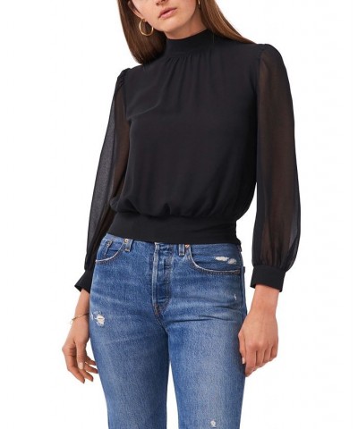 Women's Long Sleeve Cropped Mock Neck Blouse Black $32.72 Tops