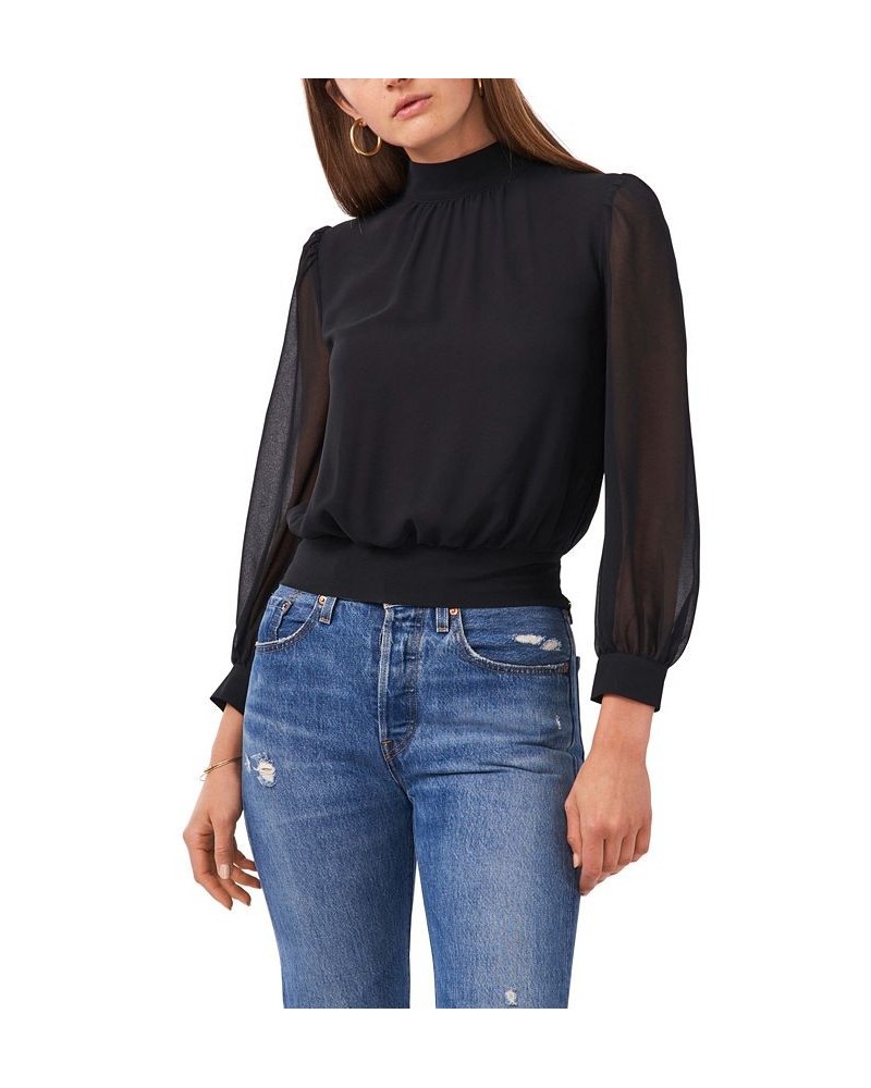 Women's Long Sleeve Cropped Mock Neck Blouse Black $32.72 Tops