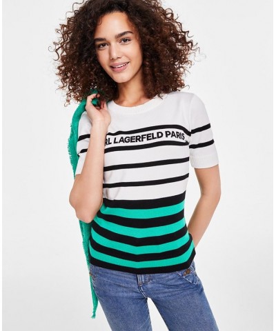 Women's Logo Striped Short-Sleeve Sweater White/ Black/ Green $46.54 Sweaters