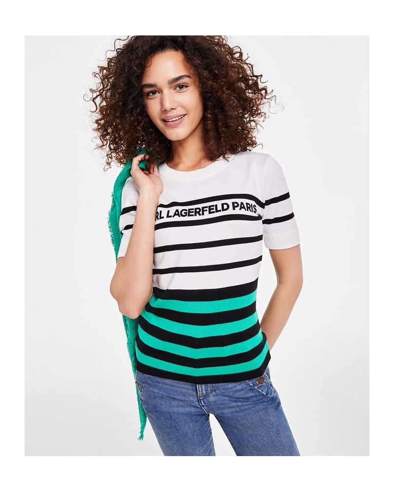 Women's Logo Striped Short-Sleeve Sweater White/ Black/ Green $46.54 Sweaters