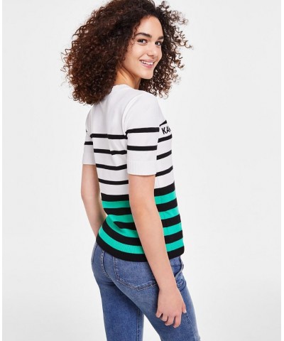 Women's Logo Striped Short-Sleeve Sweater White/ Black/ Green $46.54 Sweaters