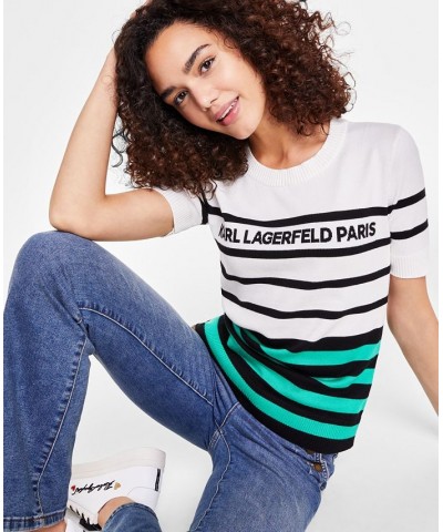 Women's Logo Striped Short-Sleeve Sweater White/ Black/ Green $46.54 Sweaters