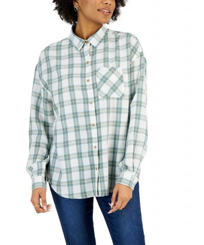 Juniors' Plaid-Print Button-Front Long-Sleeve Shirt Green $15.59 Tops