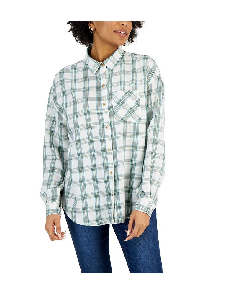 Juniors' Plaid-Print Button-Front Long-Sleeve Shirt Green $15.59 Tops