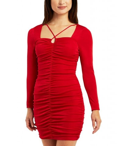 Juniors' Long-Sleeve Ruched Bodycon Keyhole Dress Red Red $20.12 Dresses