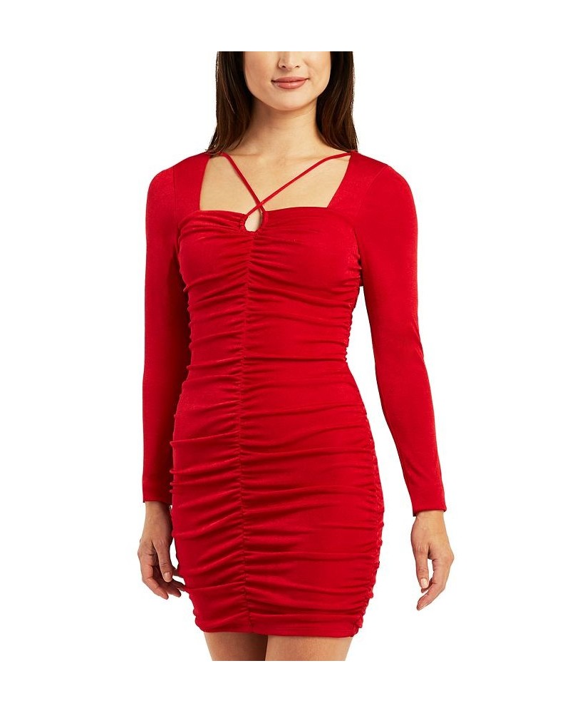 Juniors' Long-Sleeve Ruched Bodycon Keyhole Dress Red Red $20.12 Dresses