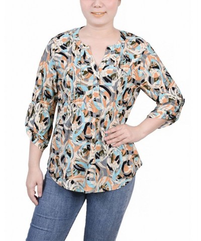 Petite 3/4 Roll Tap Pullover Top Autumn Blue Abstract $14.72 Tops