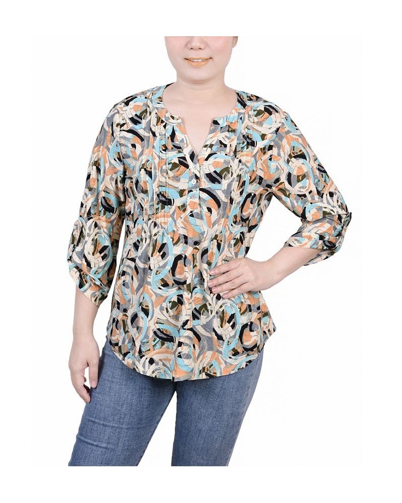 Petite 3/4 Roll Tap Pullover Top Autumn Blue Abstract $14.72 Tops