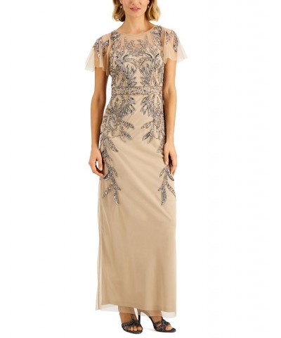 Papell Studio Beaded Illusion-Sleeve Gown Nude $86.94 Dresses