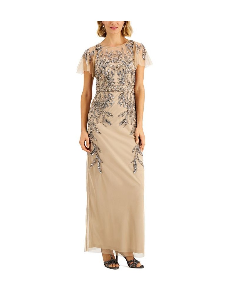 Papell Studio Beaded Illusion-Sleeve Gown Nude $86.94 Dresses