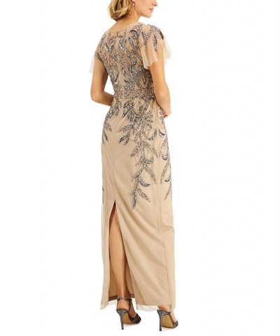 Papell Studio Beaded Illusion-Sleeve Gown Nude $86.94 Dresses