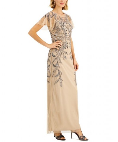 Papell Studio Beaded Illusion-Sleeve Gown Nude $86.94 Dresses