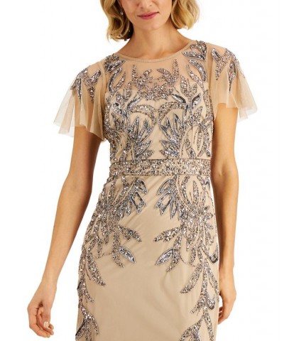 Papell Studio Beaded Illusion-Sleeve Gown Nude $86.94 Dresses