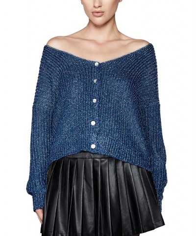 Women's Wide V-Neck Drop-Shoulder Cardigan Top Blue $22.43 Tops