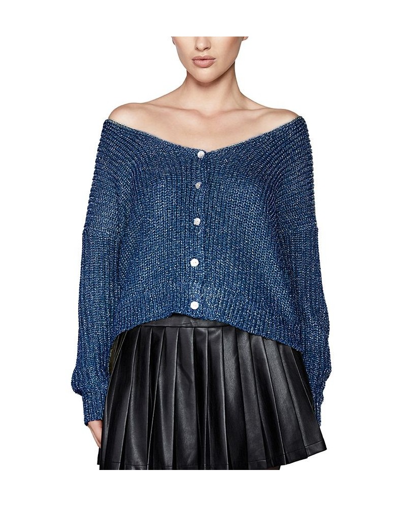 Women's Wide V-Neck Drop-Shoulder Cardigan Top Blue $22.43 Tops