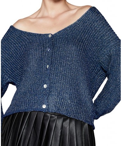 Women's Wide V-Neck Drop-Shoulder Cardigan Top Blue $22.43 Tops