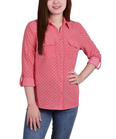 Petite 3/4 Sleeve Roll Tab Notch Collar Blouse Red Intermix $11.11 Tops