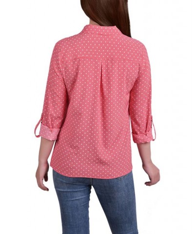 Petite 3/4 Sleeve Roll Tab Notch Collar Blouse Red Intermix $11.11 Tops