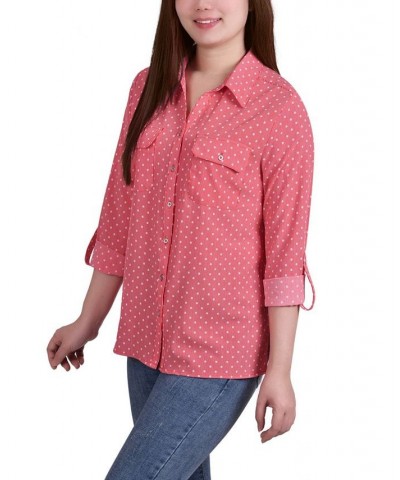 Petite 3/4 Sleeve Roll Tab Notch Collar Blouse Red Intermix $11.11 Tops