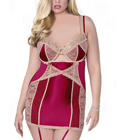 Women's Plus Size Mesh Babydoll Lingerie with Molded Support Cup and Lurex Shine Lace Wine $44.01 Lingerie