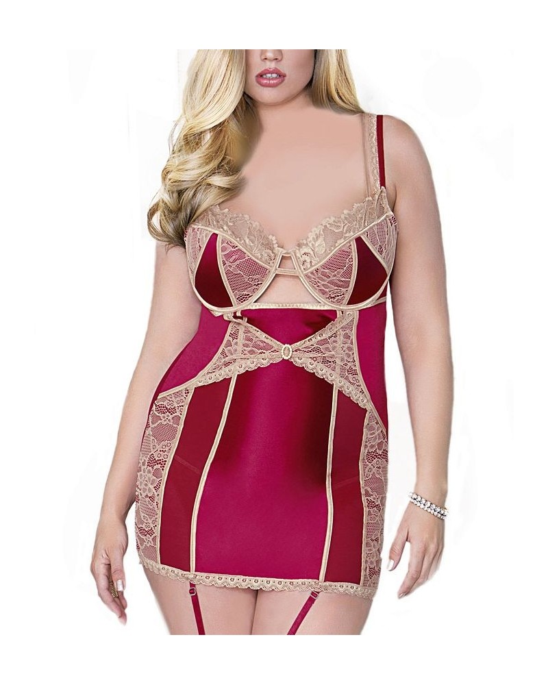 Women's Plus Size Mesh Babydoll Lingerie with Molded Support Cup and Lurex Shine Lace Wine $44.01 Lingerie