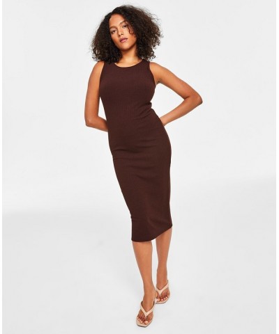 Women's Ribbed Crewneck Sleeveless Midi Dress Brown $12.20 Dresses