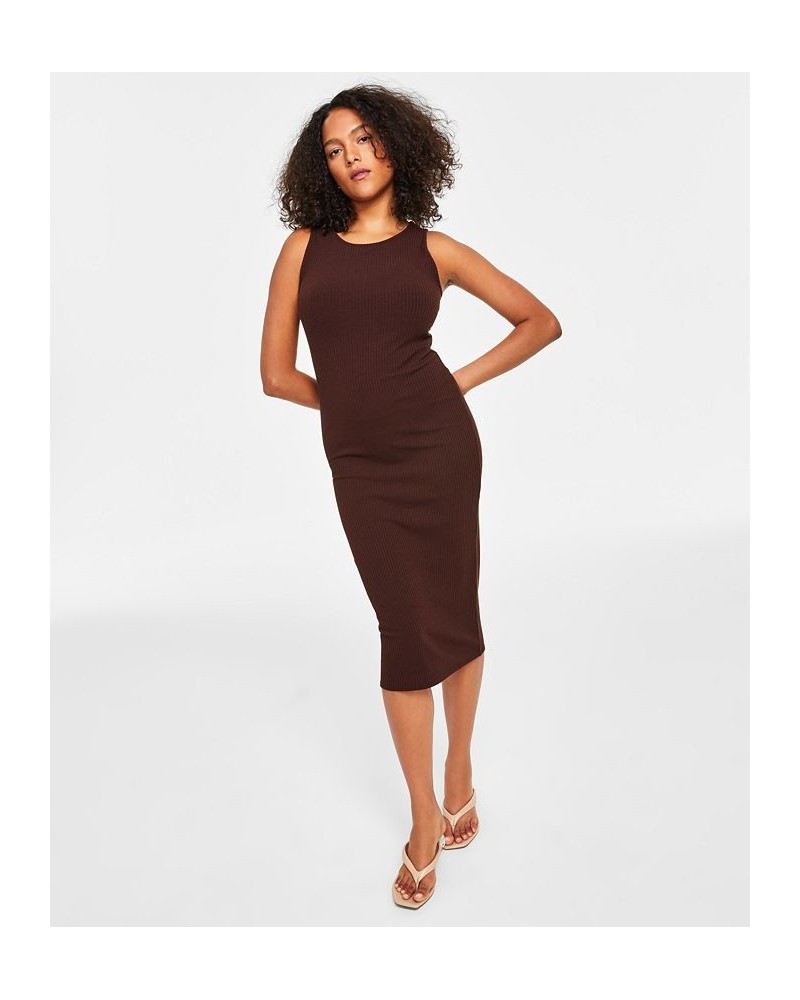 Women's Ribbed Crewneck Sleeveless Midi Dress Brown $12.20 Dresses