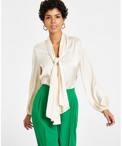 Women's Tie Neck Cinched Sleeve Blouse Flax $26.21 Tops