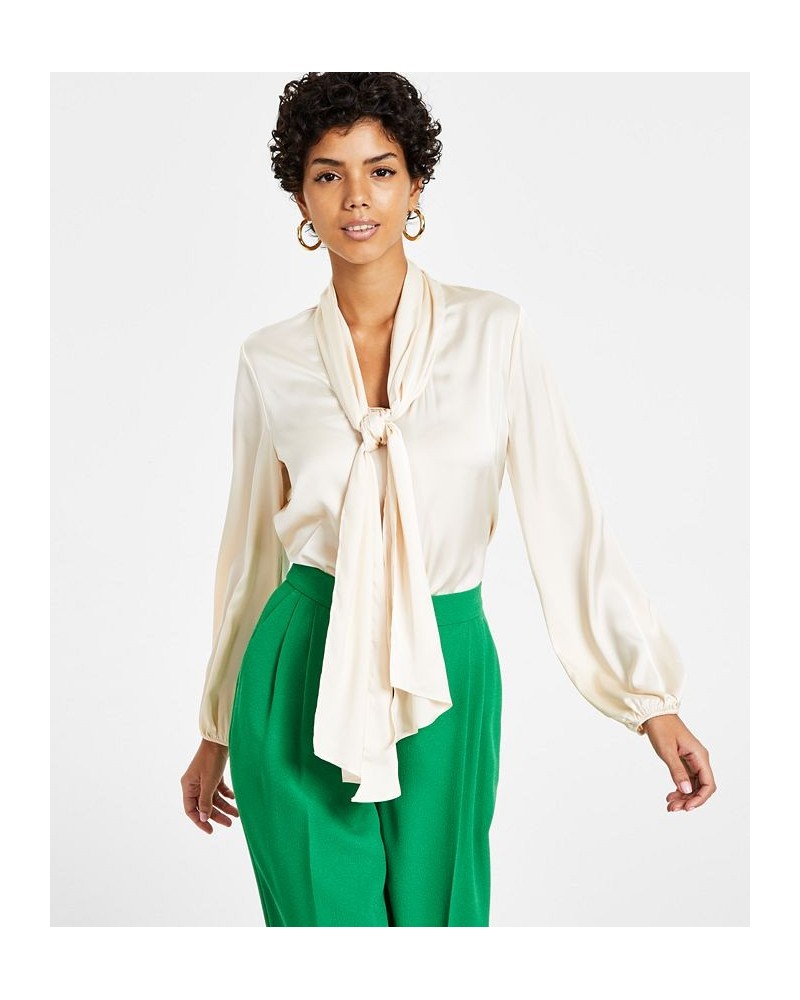 Women's Tie Neck Cinched Sleeve Blouse Flax $26.21 Tops