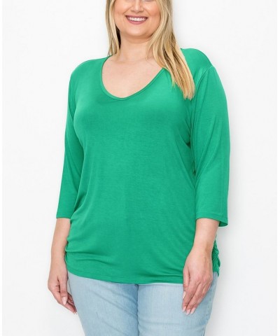 Plus Size V-neck Side Ruched 3/4 Sleeve Top Kelly Green $16.72 Tops