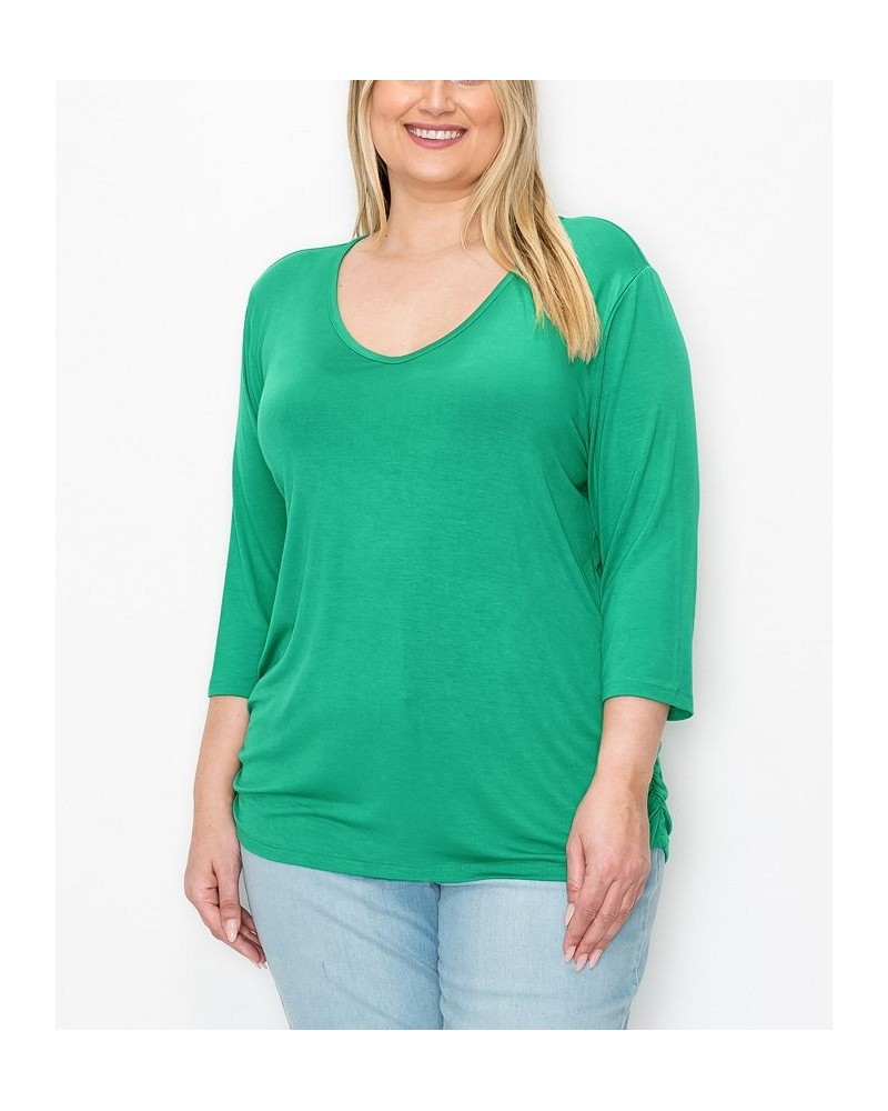 Plus Size V-neck Side Ruched 3/4 Sleeve Top Kelly Green $16.72 Tops