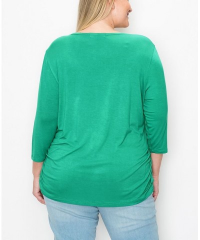 Plus Size V-neck Side Ruched 3/4 Sleeve Top Kelly Green $16.72 Tops