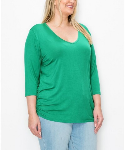 Plus Size V-neck Side Ruched 3/4 Sleeve Top Kelly Green $16.72 Tops