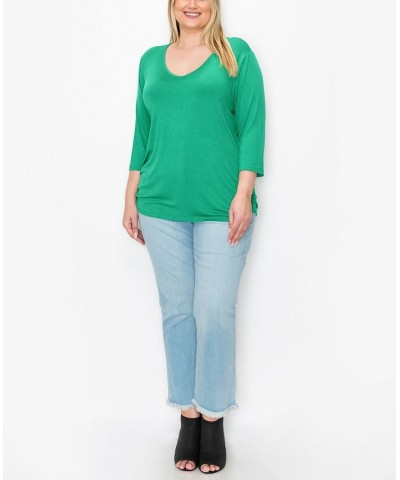 Plus Size V-neck Side Ruched 3/4 Sleeve Top Kelly Green $16.72 Tops