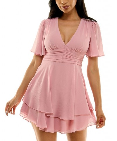 Juniors' Flutter-Sleeve Tiered Fit & Flare Dress Pink $33.63 Dresses