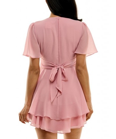 Juniors' Flutter-Sleeve Tiered Fit & Flare Dress Pink $33.63 Dresses