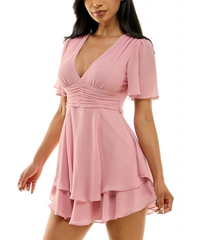 Juniors' Flutter-Sleeve Tiered Fit & Flare Dress Pink $33.63 Dresses