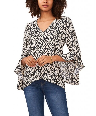 Women's Flutter Sleeve V-neck Etched Geo Blouse Rich Black $48.51 Tops