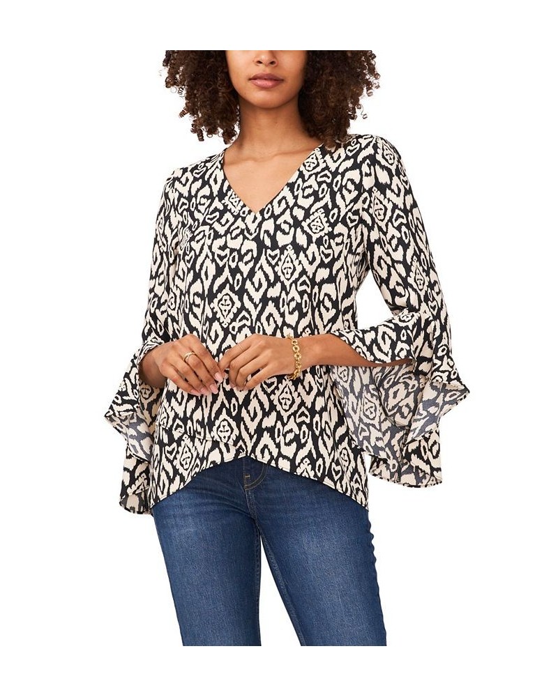 Women's Flutter Sleeve V-neck Etched Geo Blouse Rich Black $48.51 Tops