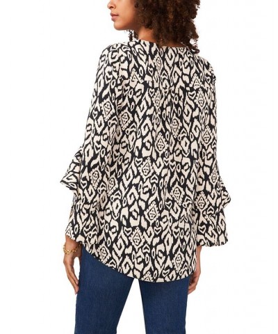 Women's Flutter Sleeve V-neck Etched Geo Blouse Rich Black $48.51 Tops