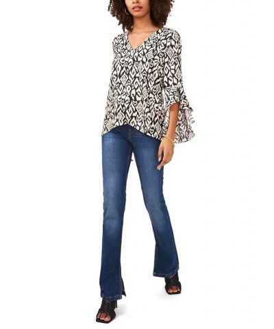 Women's Flutter Sleeve V-neck Etched Geo Blouse Rich Black $48.51 Tops