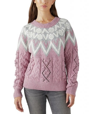 Women's Fair Isle Cable Knit Crewneck Sweater Pink $26.18 Sweaters