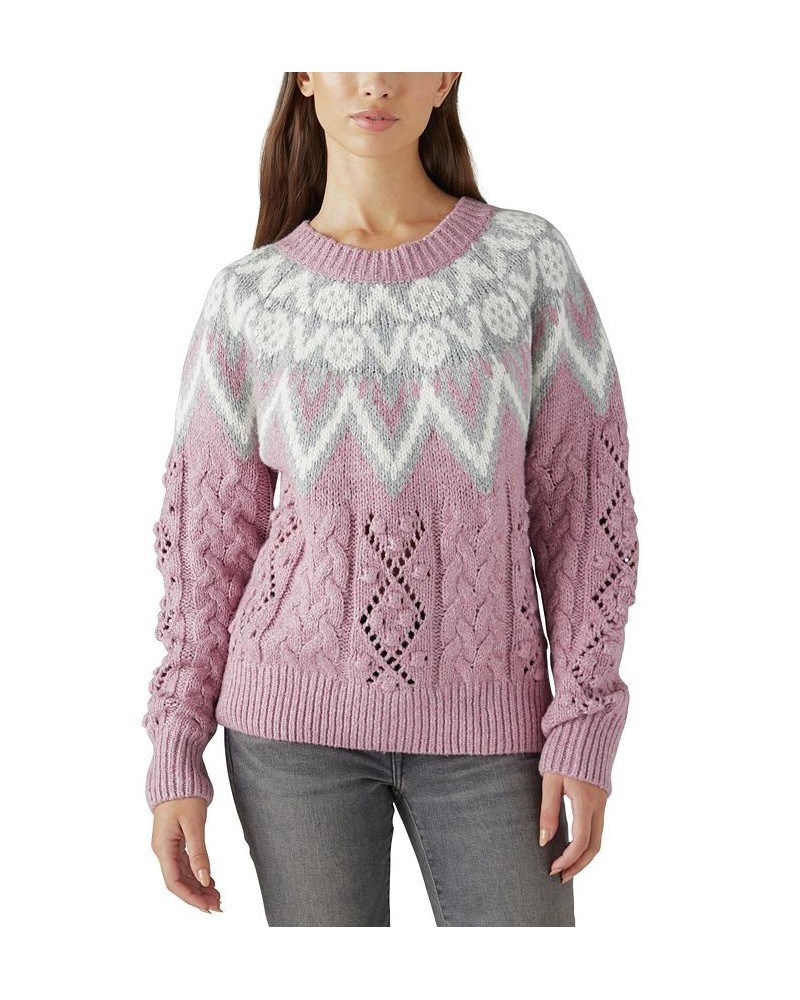 Women's Fair Isle Cable Knit Crewneck Sweater Pink $26.18 Sweaters