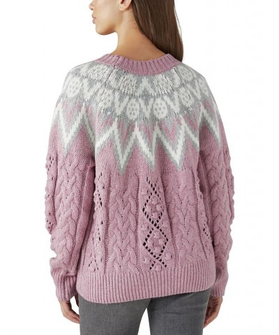 Women's Fair Isle Cable Knit Crewneck Sweater Pink $26.18 Sweaters