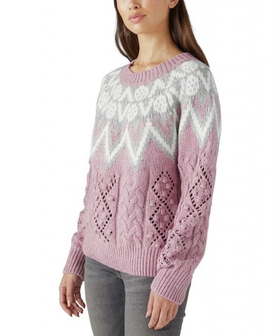 Women's Fair Isle Cable Knit Crewneck Sweater Pink $26.18 Sweaters