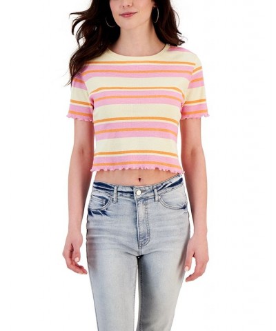 Juniors' Striped Lettuce-Edge Cropped Top Pink/Orange $11.01 Tops