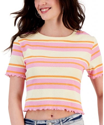 Juniors' Striped Lettuce-Edge Cropped Top Pink/Orange $11.01 Tops