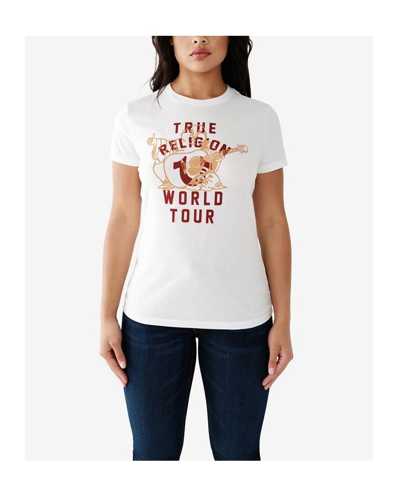 Women's Flocked Buddha Slim Crew Neck T-shirt White $22.25 Tops