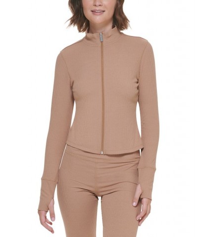 Women's Ribbed Cropped Mock-Neck Zip-Up Jacket With Thumb Slits Brown $23.45 Jackets