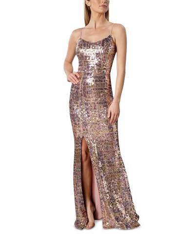 Women's Sequined Sweetheart-Neck Sleeveless Gown Gold Multi $111.54 Dresses